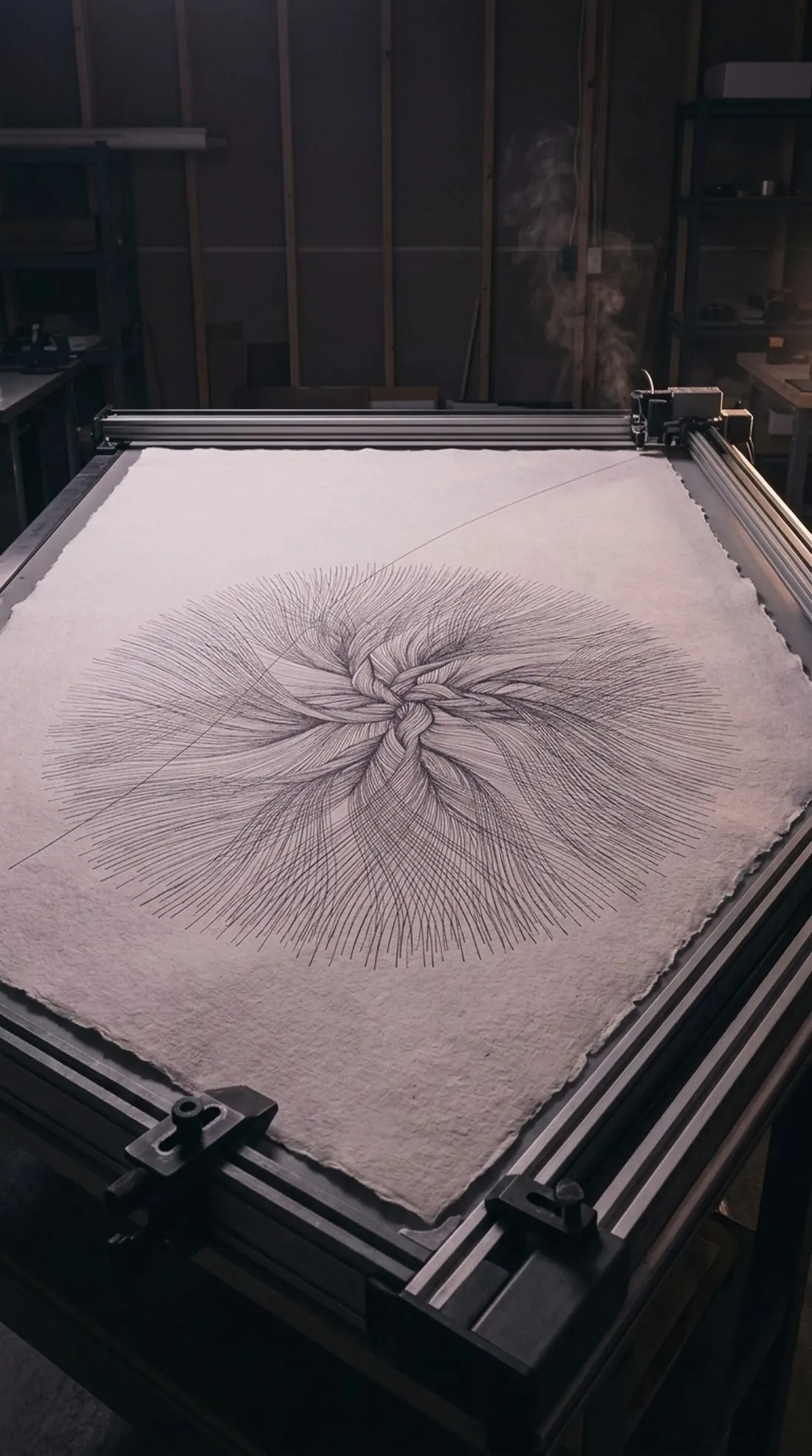 A pen plotter drawing a radial field of lines