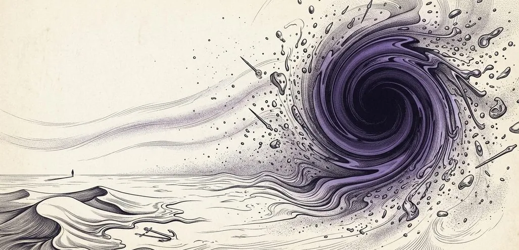 Engraved drawing of machine parts scattering across cream paper